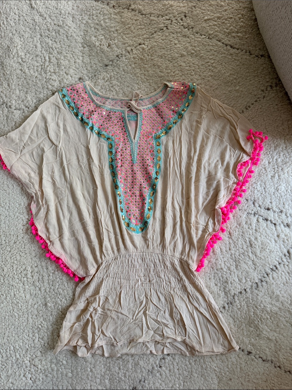 Women's Cream Embroidered Pom-Pom Tunic Top - Pink & Turquoise Accents